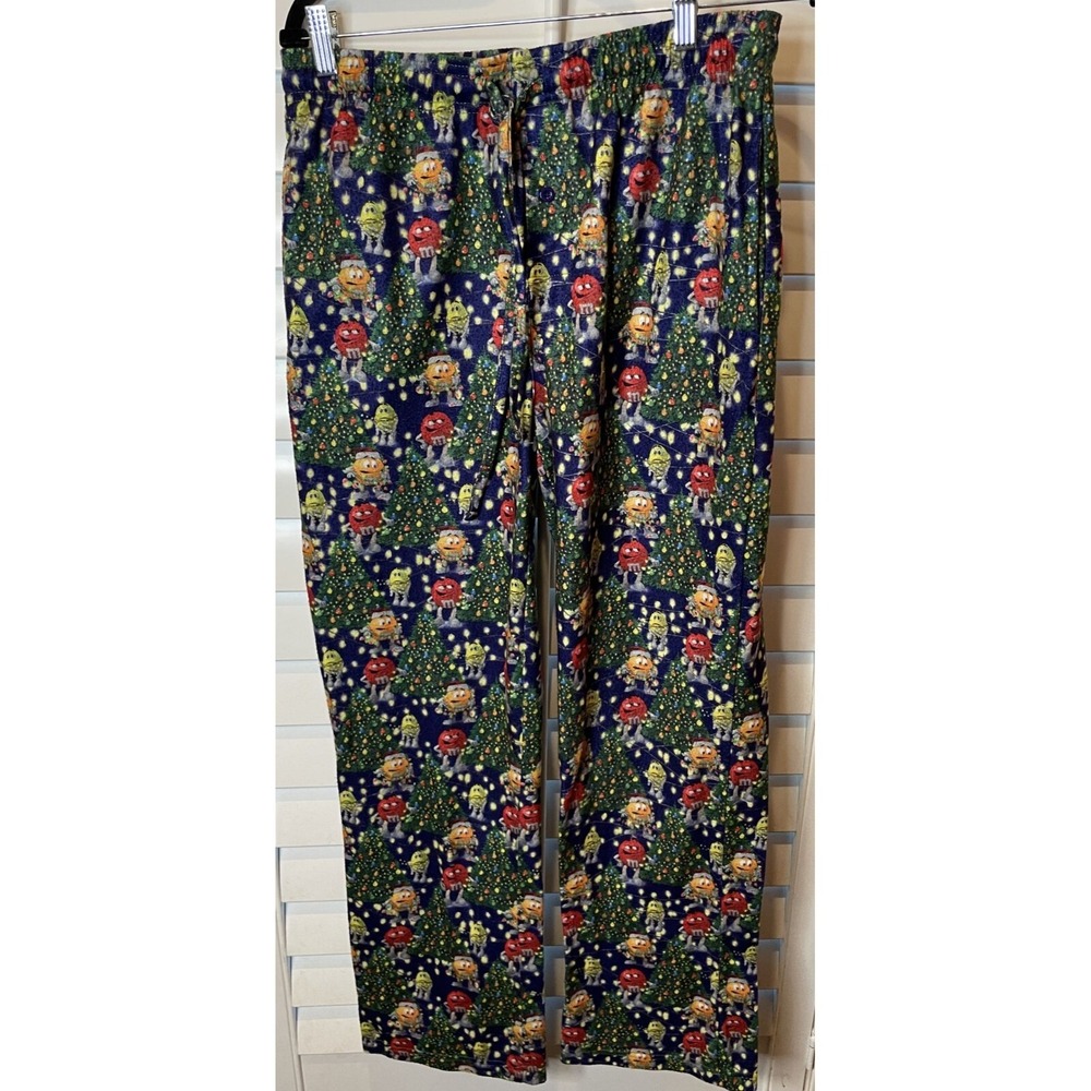 M&M's‎ Mens Small Pajama Pants Blue Christmas Holiday Tree All Over Print Lounge